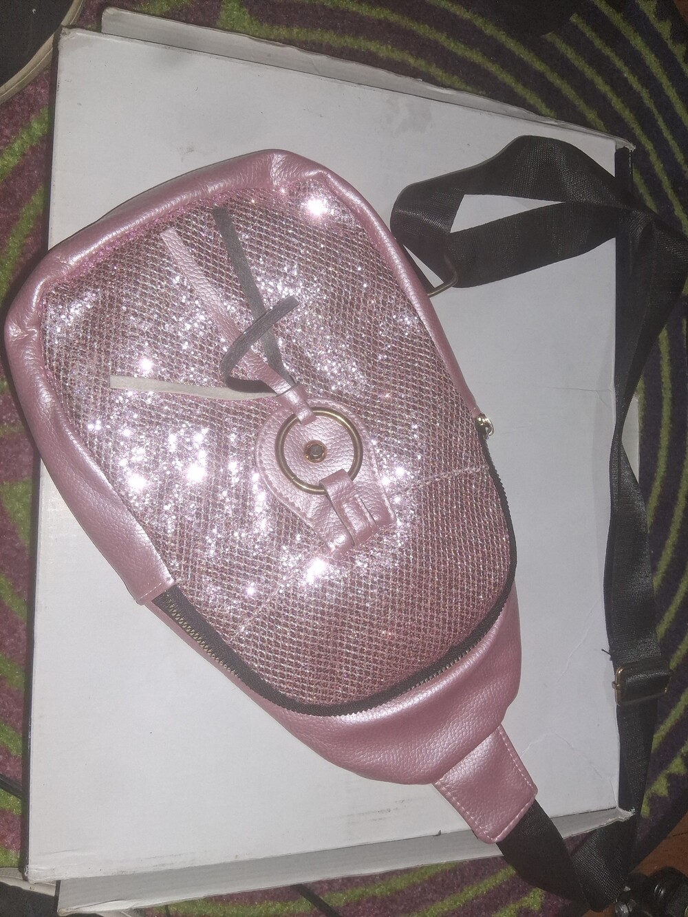 Pink Glitter Crossbody Bag Adjustable Strap Synthetic Leather